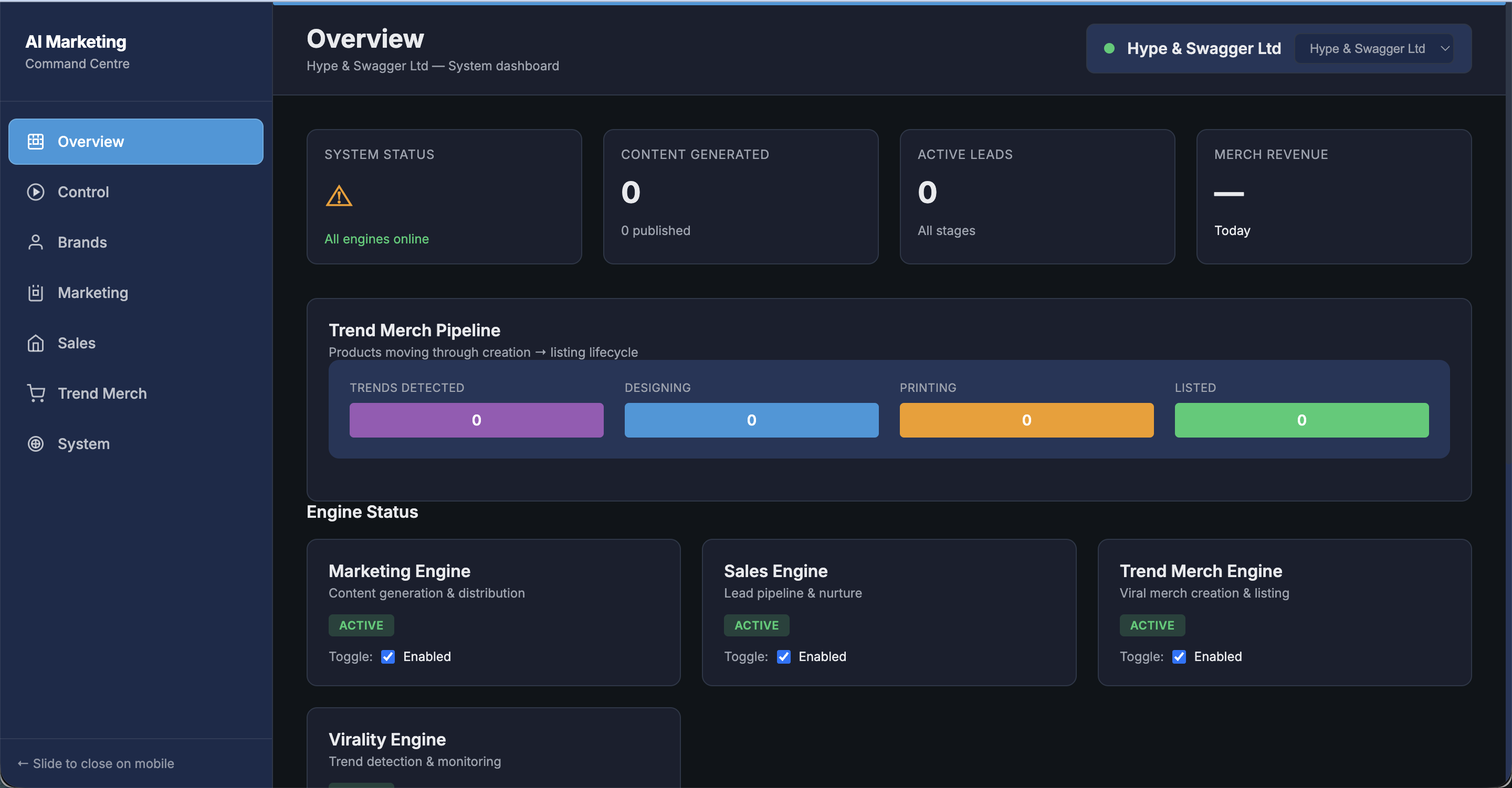 AI Marketing Command Centre - Multi-engine marketing automation dashboard
