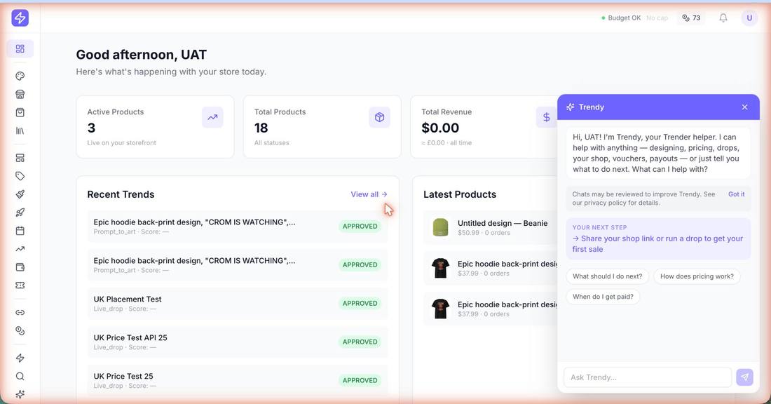 Trender dashboard with the Trendy AI assistant