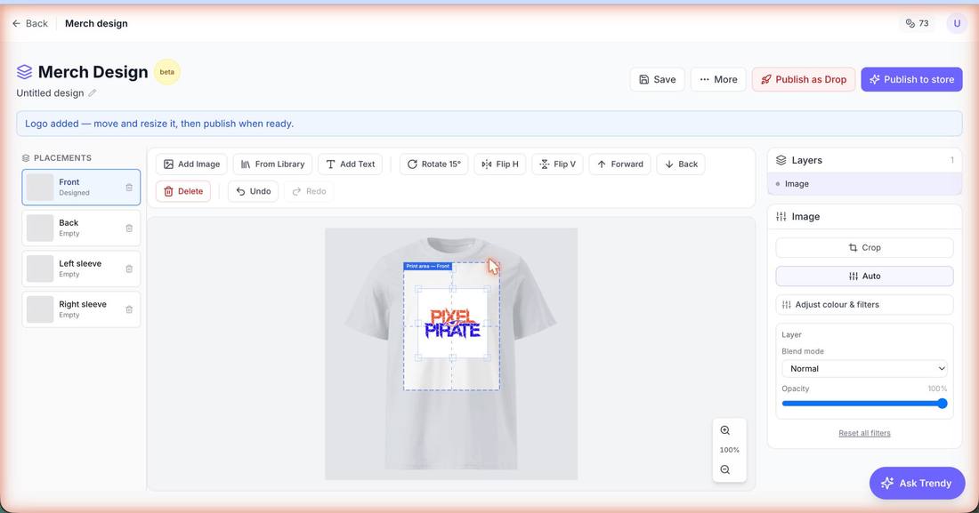 Trender AI merch design studio editing a t-shirt
